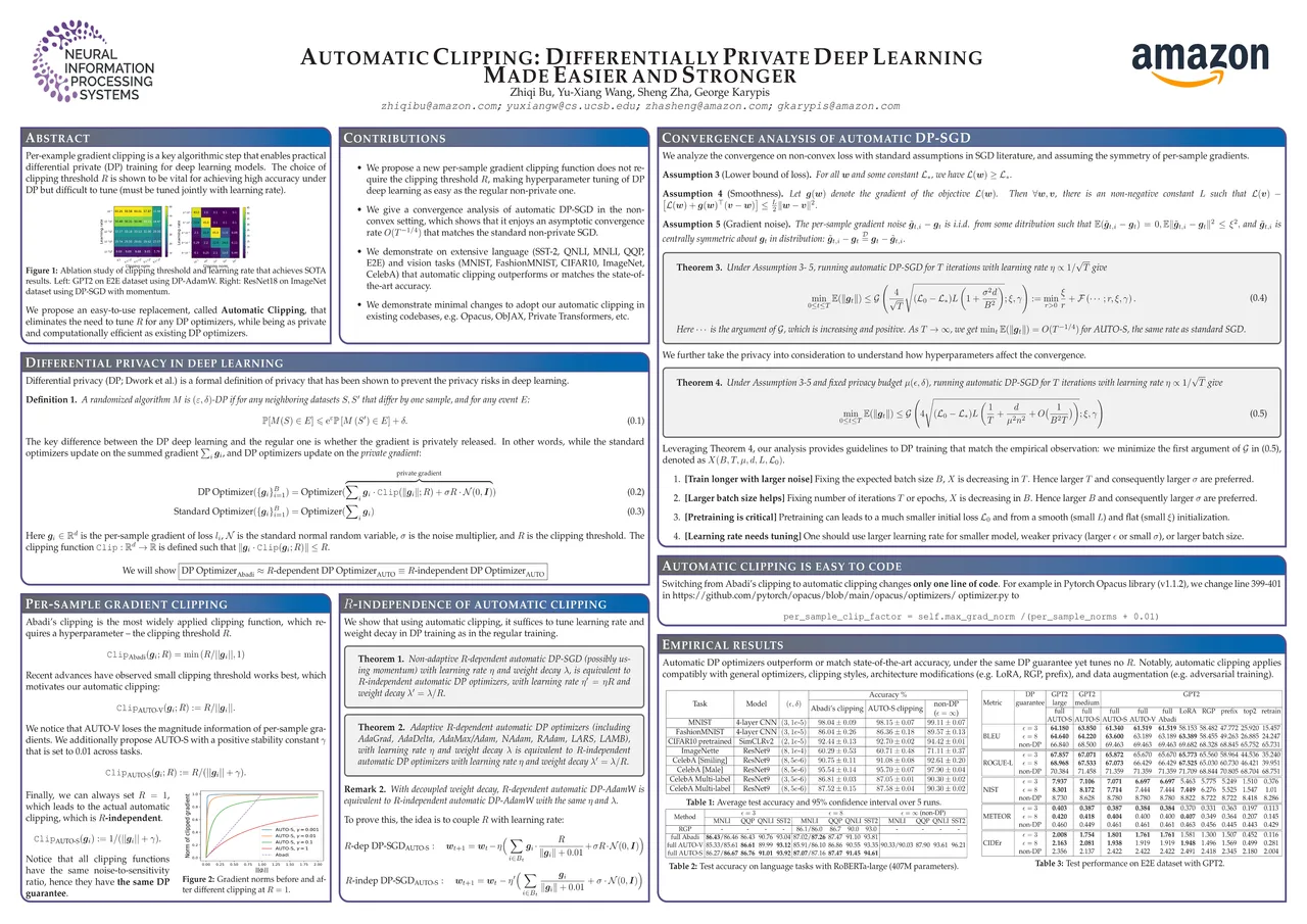 Automatic Clipping: Differentially Private Deep Learning Made Easier and Stronger — NeurIPS 2023 scientific poster design
