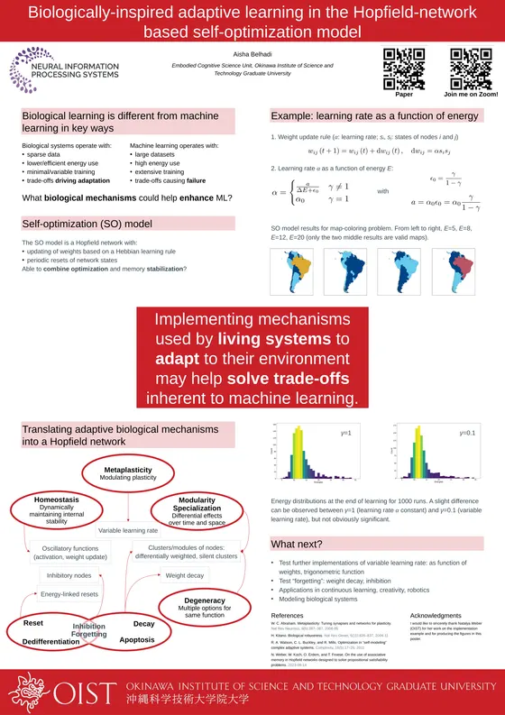 Biologically-inspired adaptive learning in the Hopfield-network based self-optimization model — NeurIPS 2023 poster